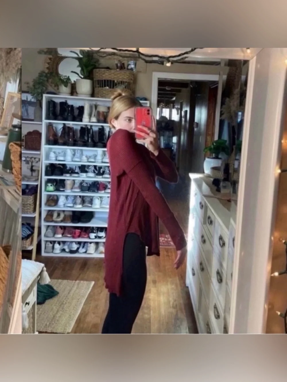 Free people waffle knit maroon long sleeve high low blouse in a size small